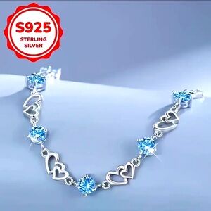 925 Sterling Silver Heart Bracelet with Blue crystal Accents NWT